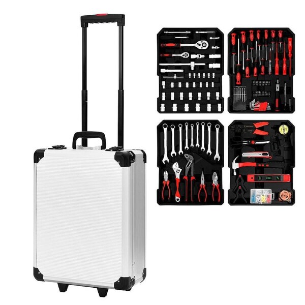 185Pcs Tool Box Trolley Set Hand Toolkit DIY Home Car Repair Rolling Auto Mechanics Household Storage Portable Aluminium Carry Case with Pliers Locks