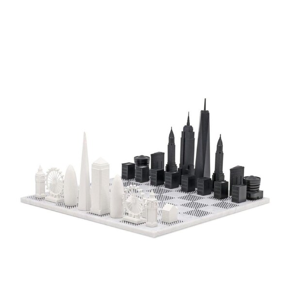33pc Skyline Chess London vs New York Edition Hatch Marble Board Chess Set