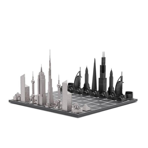 33pc Skyline Chess Stainless Steel World Icons Edition Wooden Board Chess Set