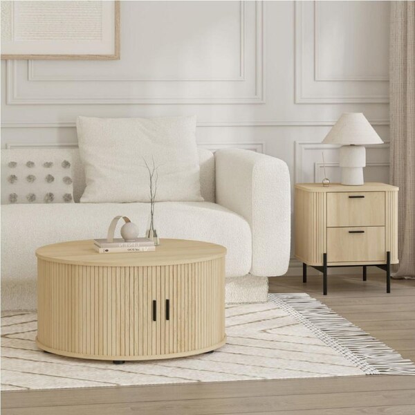 Fluted Round Coffee Table and End Table with Sliding Tambour Door - Modern Living Room Bundles