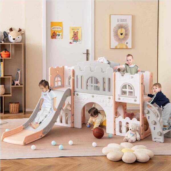 Costway Play Slide Set w/Basketball Hoop Climber Playset Activity Center Playground Toys Pink