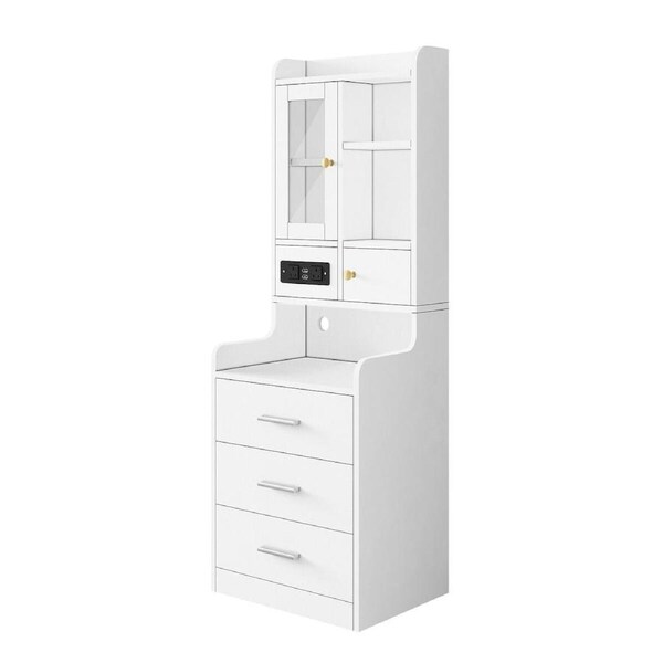 Bedside Table Bookshelf LED Nightstand Lamp Cabinet Shelving Unit Storage Drawers Shelves Compartments Stand Wooden with Charging Station Acrylic Door