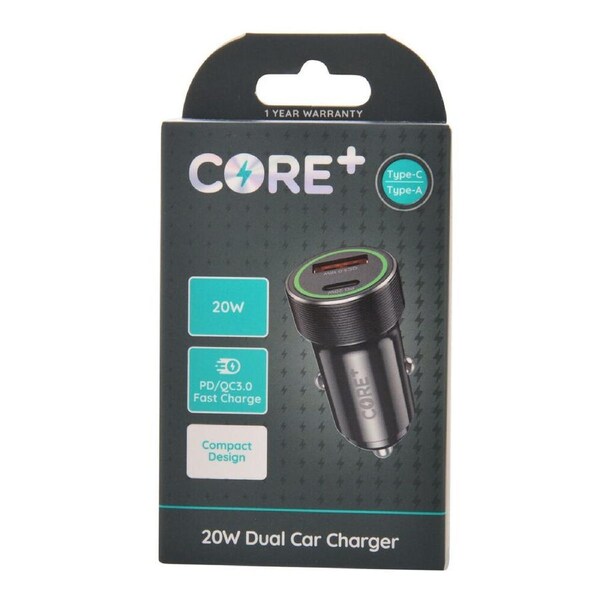 Core Type-C/USB-A Dual Port Car Charger Fast Charge Adapter Socket 20W Black