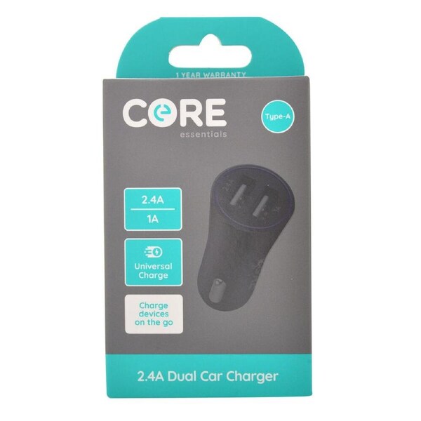 Core Essentials Type-A Dual Port Car Charger Universal Adapter 2.4A/1A Black