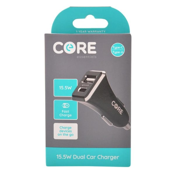 Core Essentials Type-C/USB-A Dual Port Car Charger Fast Charge 15.5W Black