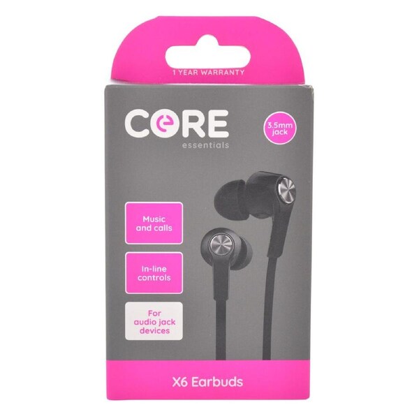 Core Essentials 3.5mm X6 Earphones/Earbuds In-Ear Wired w/ Built-In Mic Black