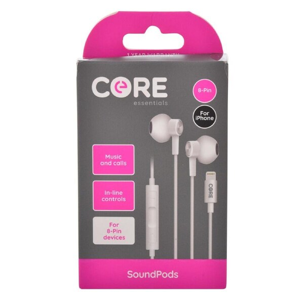 Core Essentials 8-Pin SoundPods/Earphones In-Ear Wired w/ Built-In Mic White