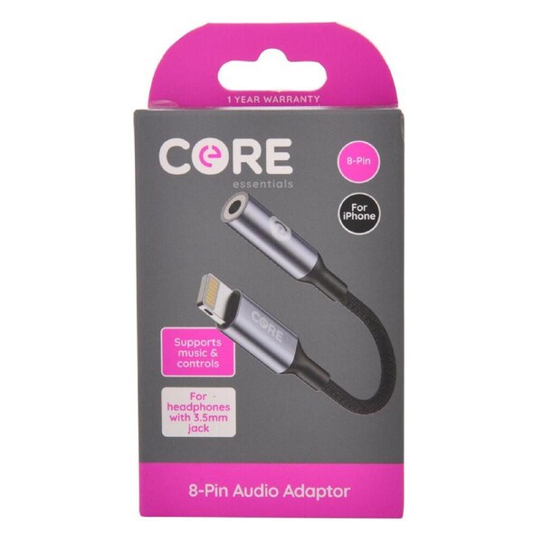 Core Essentials 3.5mm Jack to 8-Pin Audio Adaptor Aux Stereo Converter Black