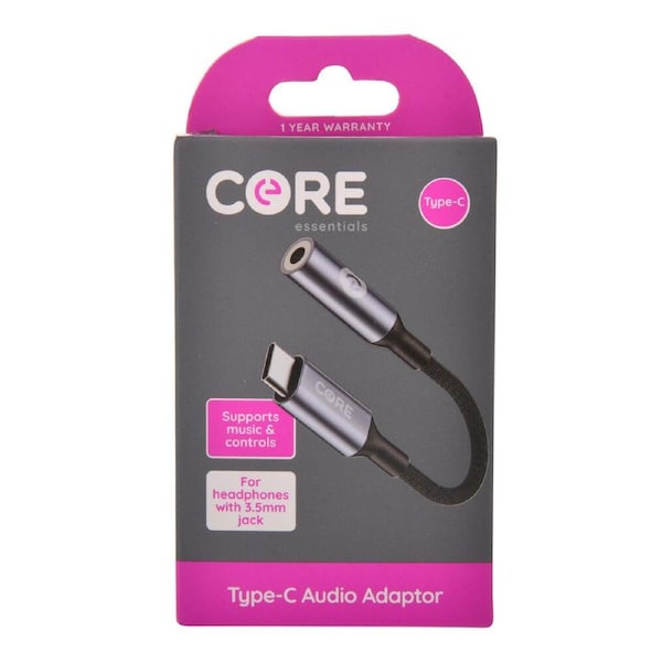 Core Essentials 3.5mm Jack to Type-C Audio Adaptor Aux Stereo Converter Black