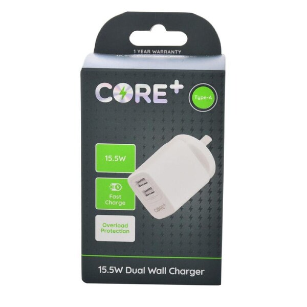 Core Type-A Dual Port Wall Charger Fast-Charge Phone Adapter 15.5W White