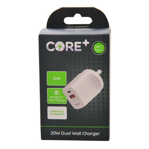 Core Type-C/USB-A Dual Port Wall Charger Fast-Charge Phone Adapter 20W White