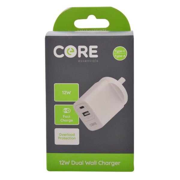 Core Type-C/USB-A Dual Port Wall Charger Fast-Charge Phone Adapter 12W White