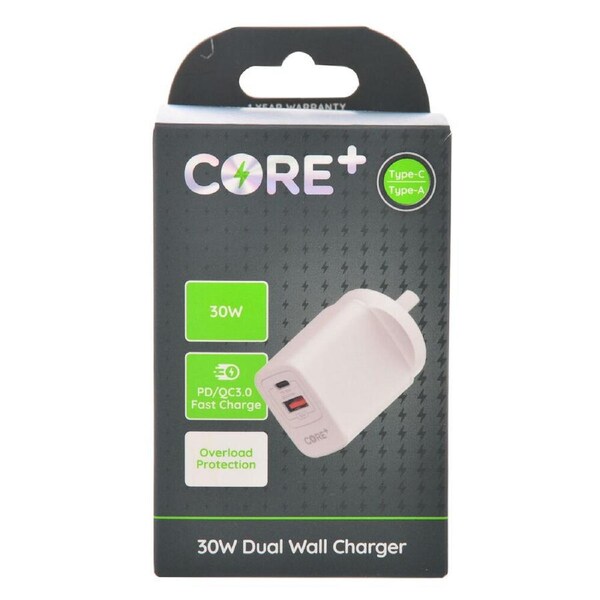 Core Type-C/USB-A Dual Port Wall Charger Fast-Charge Phone Adapter 30W White