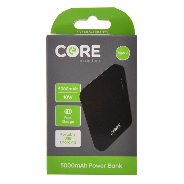 Core Essentials USB-A 5000mAh Power Bank Portable Fast-Charge 10W Black