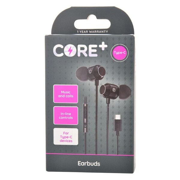 Core Type-C In-Ear Earphones/Earbuds Music/Calls Wired w/ Mic 1.2m Black