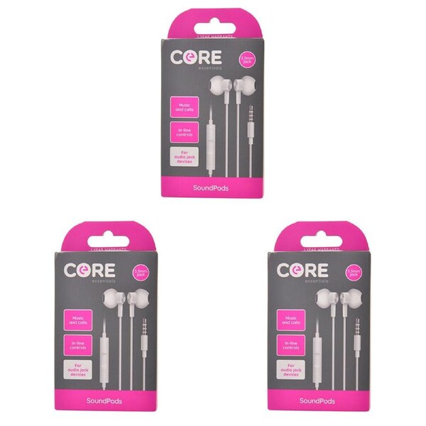3PK Core Essentials Soundpods/Earphones In-Ear Wired w/ Built-In Mic 3.5mm White