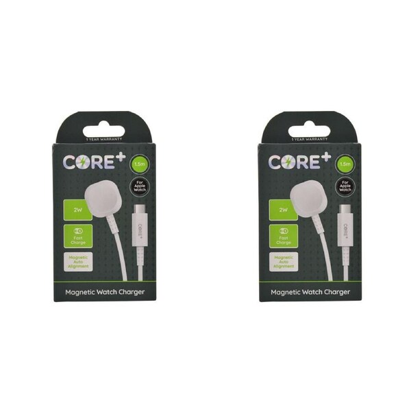 2PK Core Magnetic Watch Charger 2W/1.5m Cable For Apple Watch 1-9/SE White