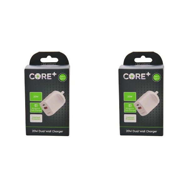2PK Core Type-C/USB-A Dual Port Wall Charger Fast-Charge Phone Adapter 20W White