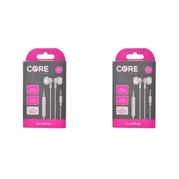 2PK Core Essentials Soundpods/Earphones In-Ear Wired w/ Built-In Mic 3.5mm White