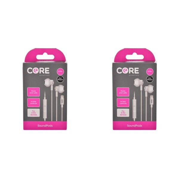 2PK Core Essentials 8-Pin SoundPods/Earphones In-Ear Wired w/ Built-In Mic White