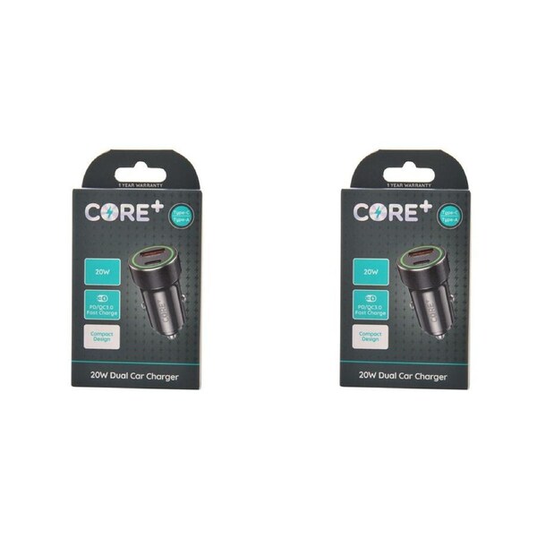 2PK Core Type-C/USB-A Dual Port Car Charger Fast Charge Adapter Socket 20W Black
