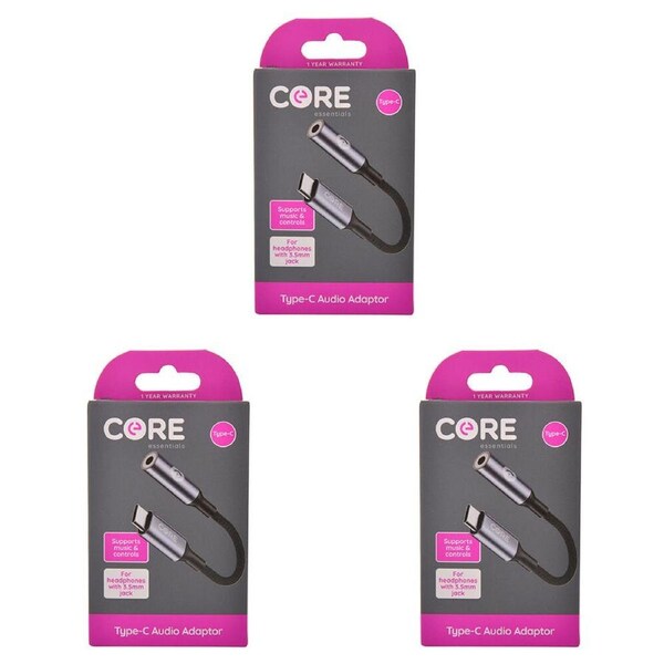 3PK Core Essentials 3.5mm Jack to Type-C Audio Adaptor Stereo Converter Black
