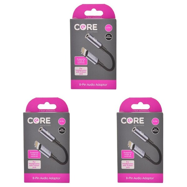 3PK Core Essentials 3.5mm Jack to 8-Pin Audio Adaptor Aux Stereo Converter Black