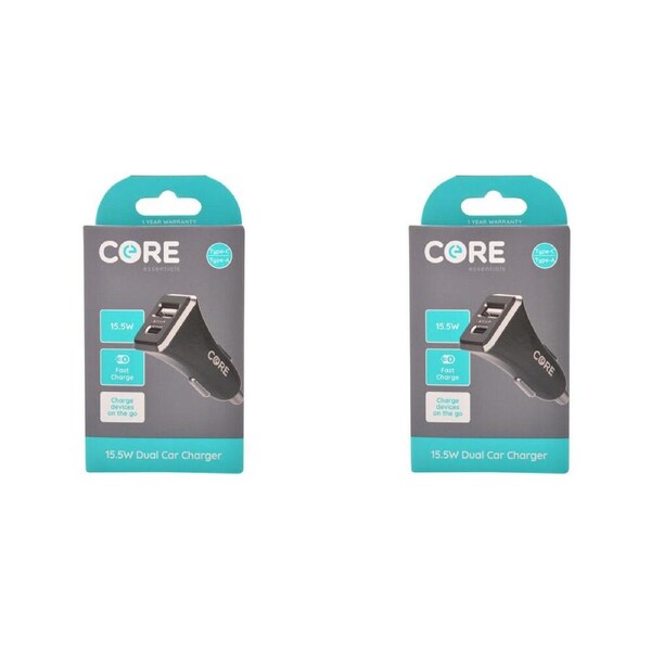 2PK Core Essentials Type-C/USB-A Dual Port Car Charger Fast Charge 15.5W Black