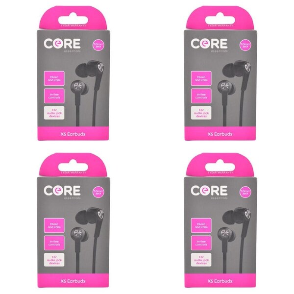 4PK Core Essentials 3.5mm X6 Earphones In-Ear Wired w/ Built-In Mic Black