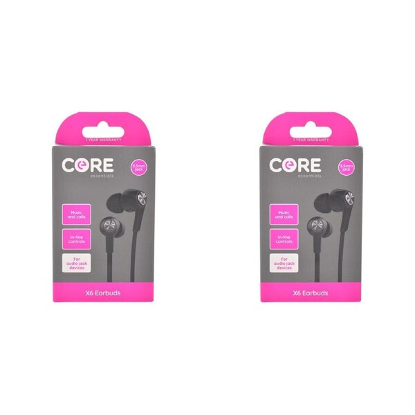 2PK Core Essentials 3.5mm X6 Earphones In-Ear Wired w/ Built-In Mic Black
