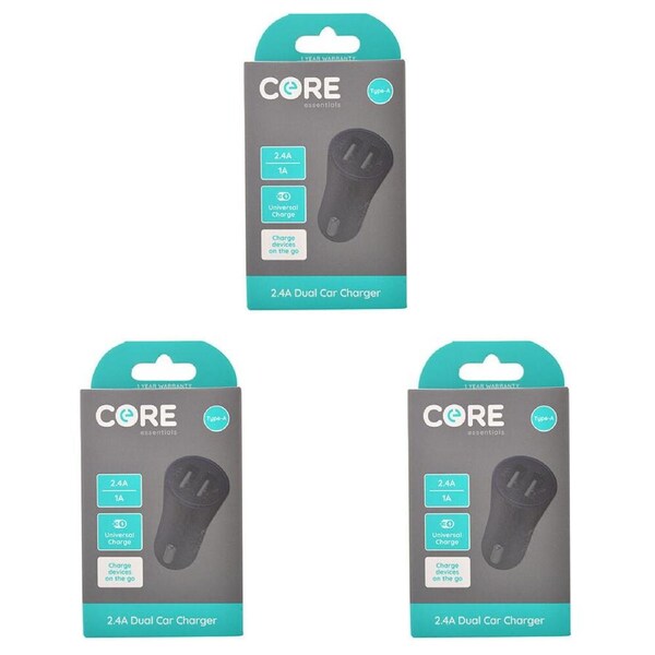 3PK Core Essentials Type-A Dual Port Car Charger Universal Adapter 2.4A/1A Black