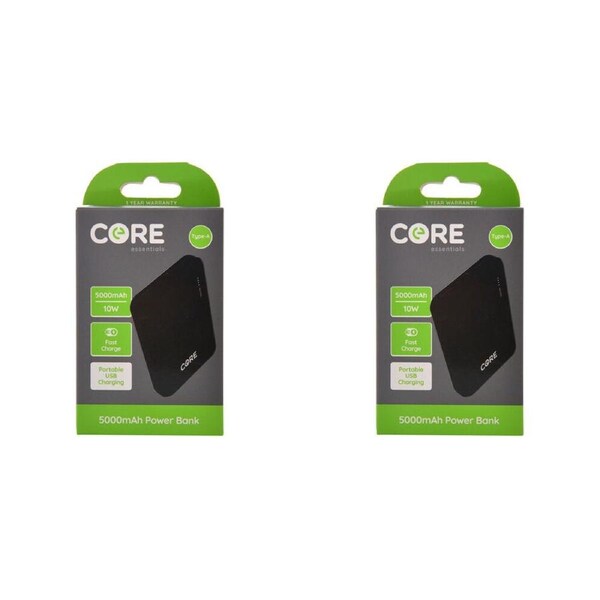 2PK Core Essentials USB-A 5000mAh Power Bank Portable Fast-Charge 10W Black