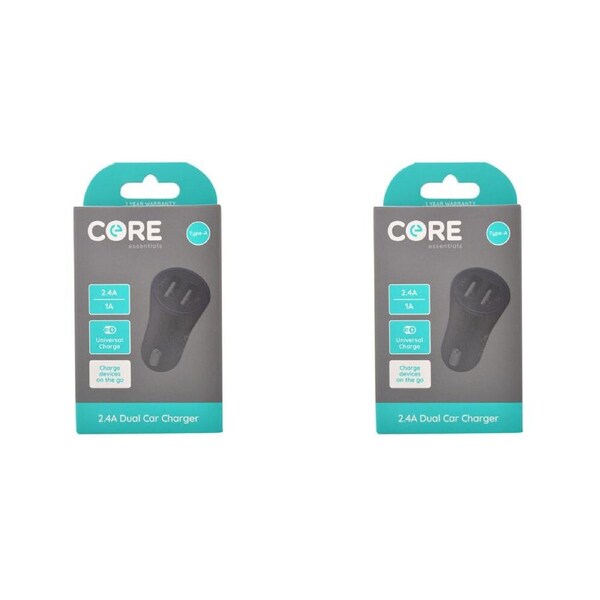 2PK Core Essentials Type-A Dual Port Car Charger Universal Adapter 2.4A/1A Black