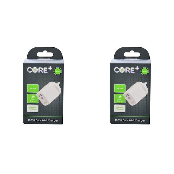 2PK Core Type-A Dual Port Wall Charger Fast-Charge Phone Adapter 15.5W White