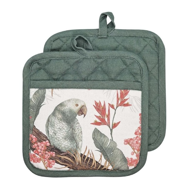 2PK J.Elliot Home Tropical 21x21cm Cotton Pot Holder Square Mitt White/Evergreen