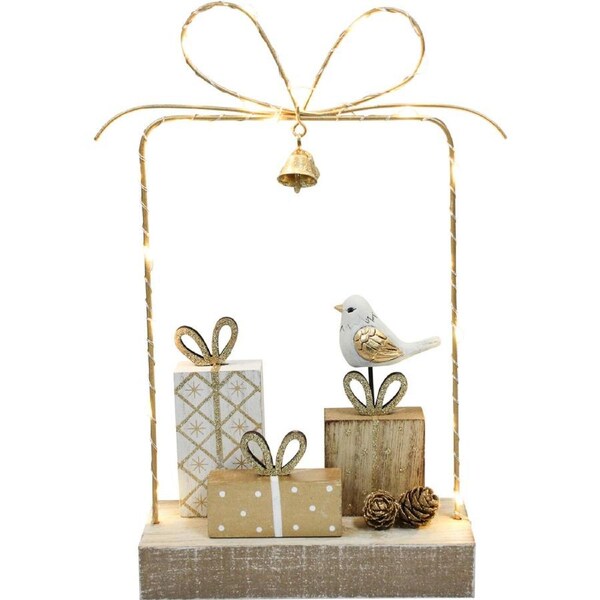 LVD Metal/Wood Gift Box Bow Multi Lights Home/Office X-mas Decor 27x19cm
