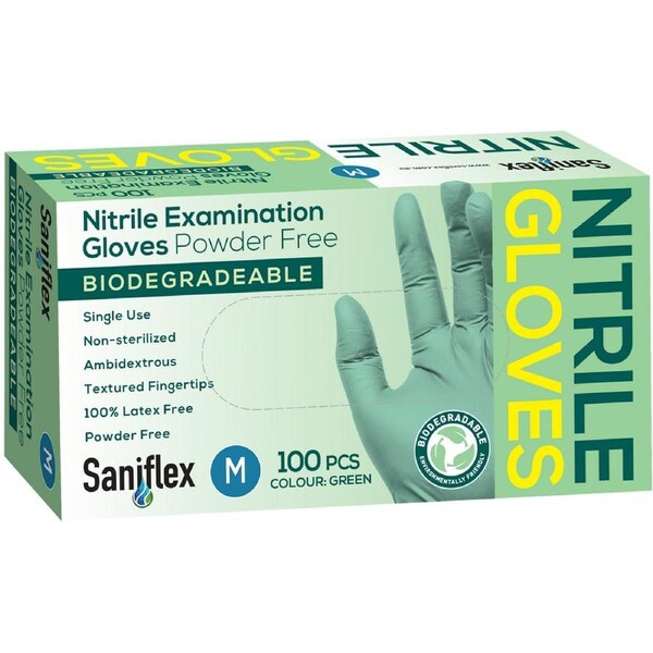 100pc Saniflex Biodegradable Nitrile Gloves Green Size M Home Cleaning Work PPE