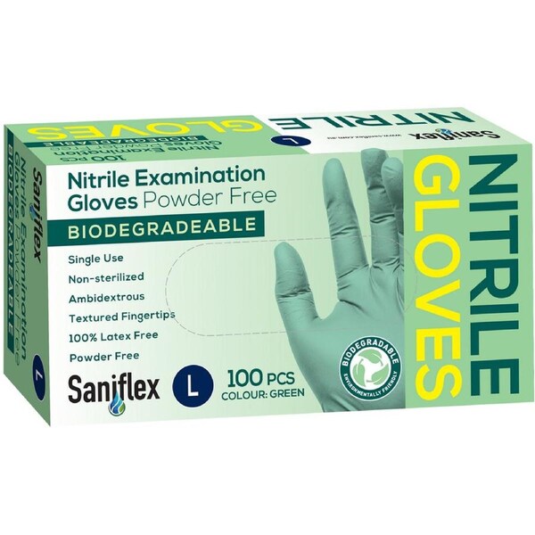 100pc Saniflex Biodegradable Nitrile Gloves Green Size L Home Cleaning Work PPE