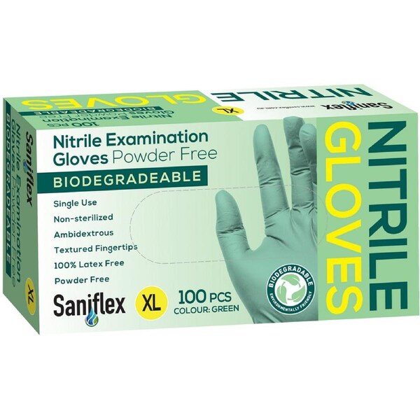 100pc Saniflex Biodegradable Nitrile Gloves Green Size XL Home Cleaning Work PPE
