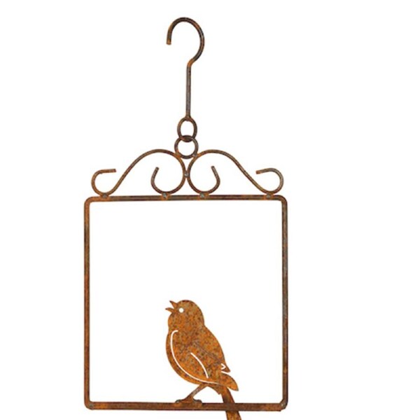 Hanging Bird on Perch 27cm Rust Metal Outdoor Ornament Patio Garden Decor Brown