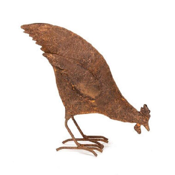 Garden 17.5cm Metal Chicken Feeding Rust Small Outdoor Ornament Yard Patio Decor