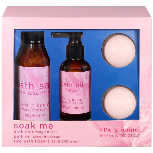 4pc Arome Ambiance Spa At Home Soak Me Body Bath Wash/Salt/Oil/Fizzers Set