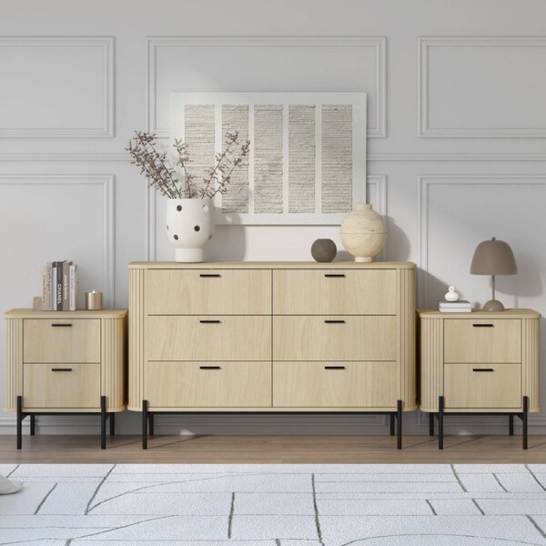 Fluted 6 Drawer Chest of Drawers Dresser Lowboy with 2 Fluted Bedside Tables Bedroom Storage Cabinet