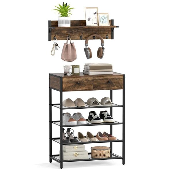 Costway Entryway Coat Rack Shoe Stand Set 5-Tier Shoe Shelves w/Wall-Mounted Coat Rack Hooks & Drawers