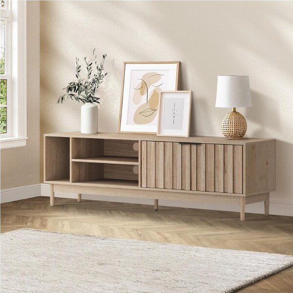 Oikiture Entertainment Unit TV Cabinet 160cm Curved Ripple Door