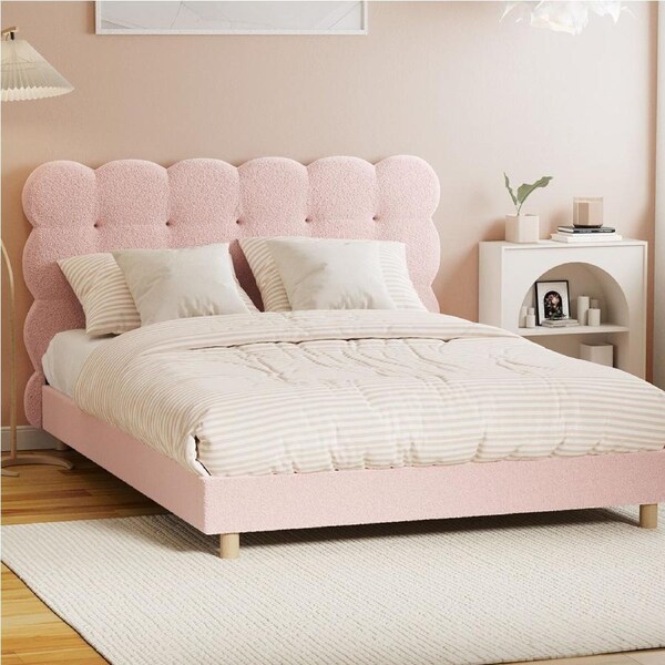 Oikiture Bed Frame Double Size Tufted Bedhead Boucle Fabric Pink