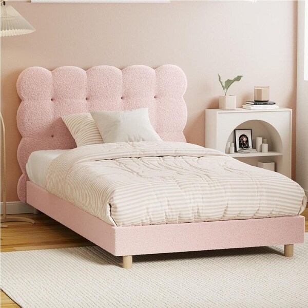Oikiture Bed Frame King Single Tufted Bedhead Boucle Fabric Pink