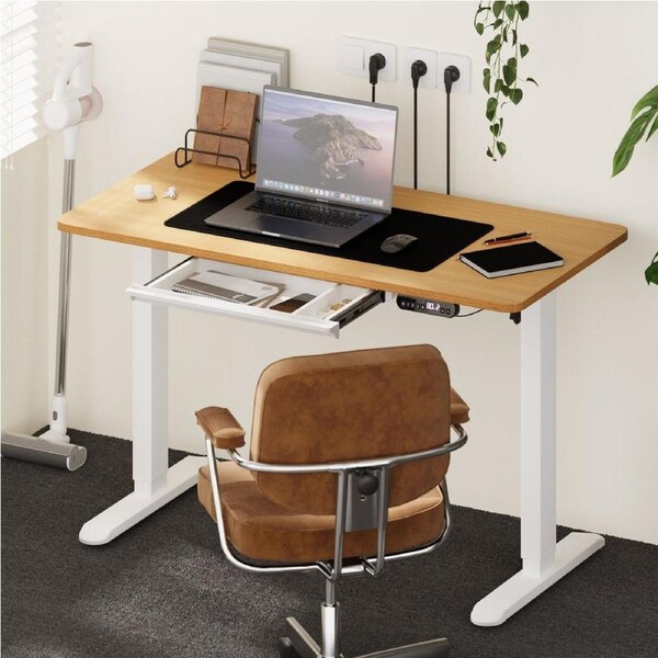 Oikiture 120CM Electric Standing Desk with Drawer Height Adjustable Sit Stand Table Single Motor White & Oak