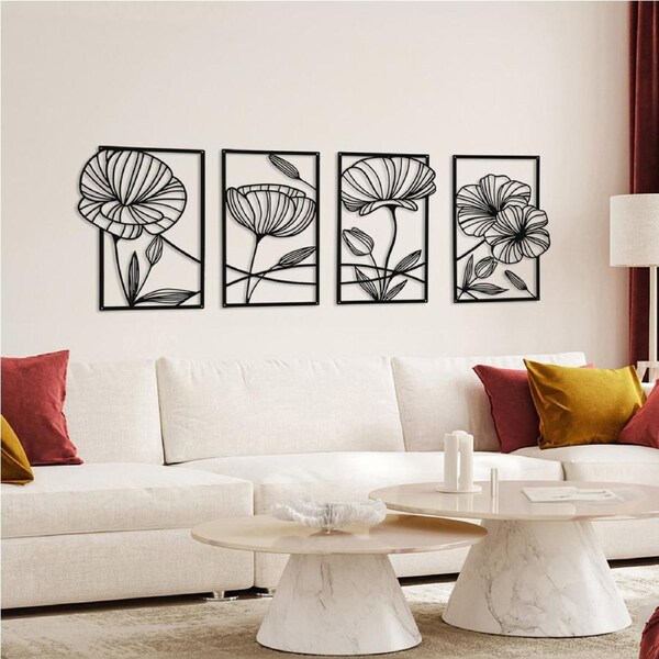 Yezi 4-Piece Black Metal Wall Art, Minimalist Floral Line Sculpture, Modern Home Decor