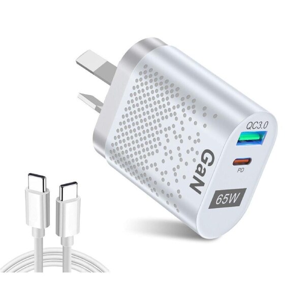 Fast Charging Universal Adapter 65W GaN Charger Type C PD USB-C USB QC 3.0 White